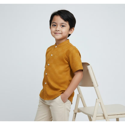 Odza Baju Koko Couple Bapak Anak Set Keluarga Lengan Pendek Jumbo Firas Kuning Mustard Emas