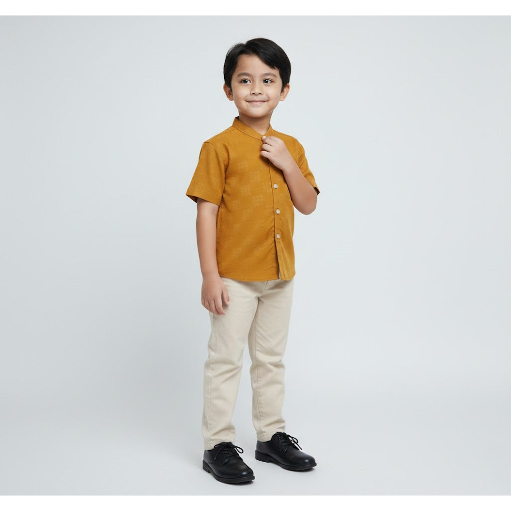 Odza Baju Koko Couple Bapak Anak Set Keluarga Lengan Pendek Jumbo Firas Kuning Mustard Emas