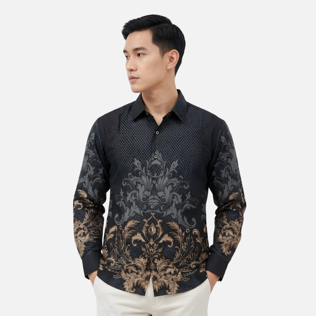 Odza Kemeja Batik Pria Slim Fit Lengan Panjang Katun Premium Baju Kerja Kondangan Prawara Hitam