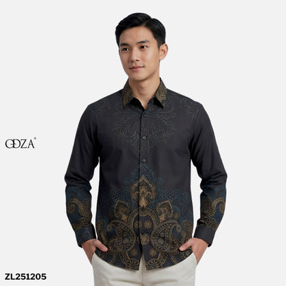Odza Kemeja Batik Pria Slim Fit Lengan Panjang Katun Premium Baju Kerja Kondangan Wistara Hitam