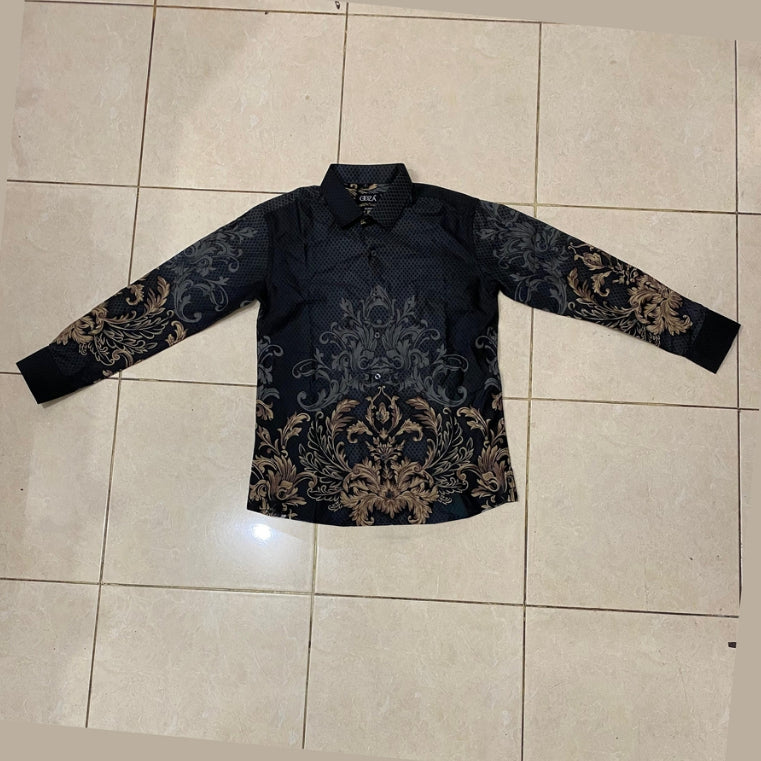 Odza Kemeja Batik Pria Slim Fit Lengan Panjang Katun Premium Baju Kerja Kondangan Prawara Hitam