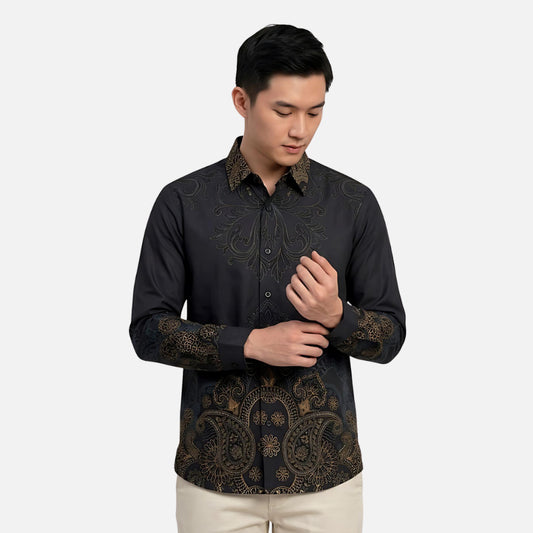 Odza Kemeja Batik Pria Slim Fit Lengan Panjang Katun Premium Baju Kerja Kondangan Wistara Hitam