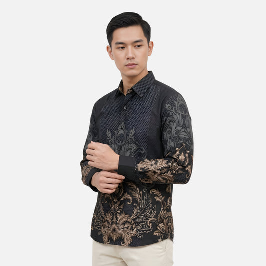 Odza Kemeja Batik Pria Slim Fit Lengan Panjang Katun Premium Baju Kerja Kondangan Prawara Hitam