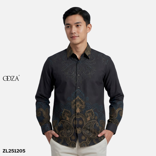 Odza Kemeja Batik Pria Slim Fit Lengan Panjang Katun Premium Baju Kerja Kondangan Wistara Hitam