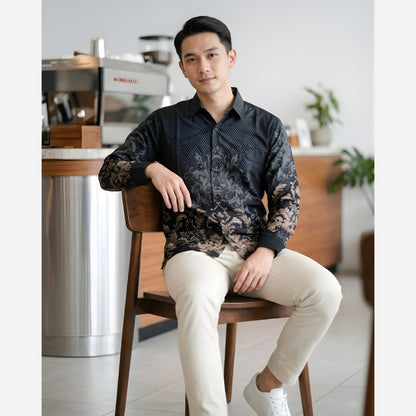 Odza Kemeja Batik Pria Slim Fit Lengan Panjang Katun Premium Baju Kerja Kondangan Prawara Hitam
