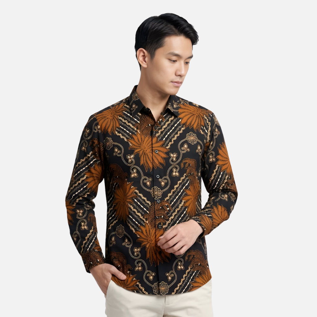 Odza Kemeja Batik Pria Lengan Panjang Batik Modern Slim Fit Solo Hitam Doadera