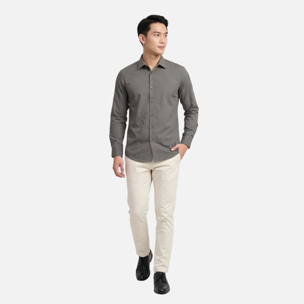 Odza Clasic Kemeja Polos Lengan Panjang Slim Fit Abu-abu Modern