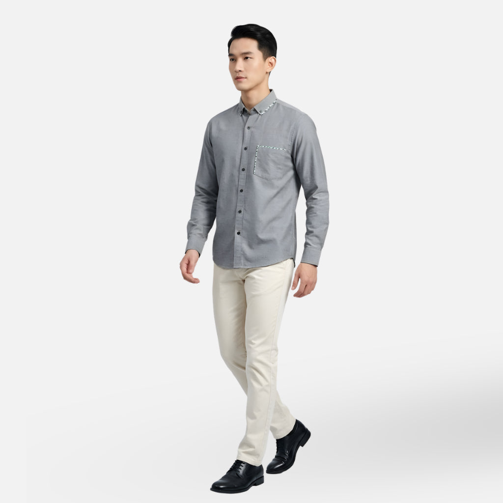 Odza Kemeja Polos Casual Lengan Panjang Pria Polos Abu-abu