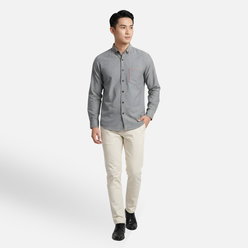 Odza Kemeja Polos Casual Lengan Panjang Pria Polos Abu-abu