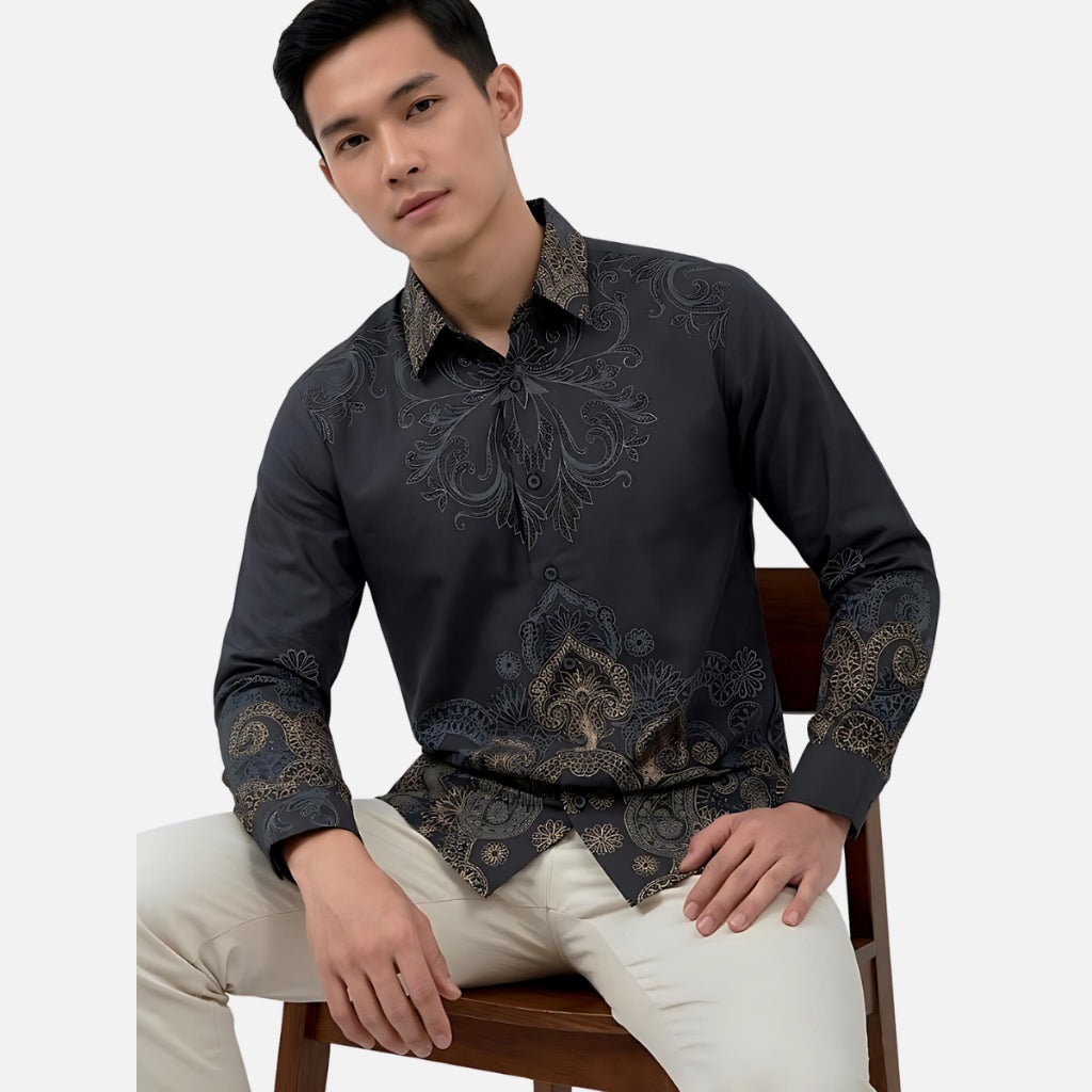 Odza Kemeja Batik Pria Slim Fit Lengan Panjang Katun Premium Baju Kerja Kondangan Wistara Hitam