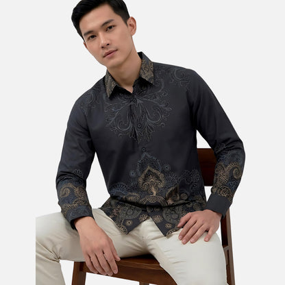 Odza Kemeja Batik Pria Slim Fit Lengan Panjang Katun Premium Baju Kerja Kondangan Wistara Hitam