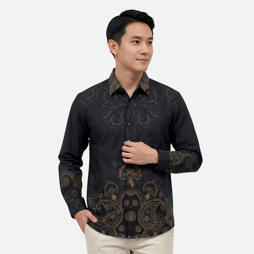 Odza Kemeja Batik Pria Slim Fit Lengan Panjang Katun Premium Baju Kerja Kondangan Wistara Hitam