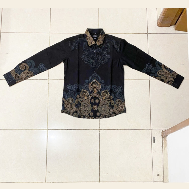 Odza Kemeja Batik Pria Slim Fit Lengan Panjang Katun Premium Baju Kerja Kondangan Wistara Hitam