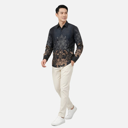 Odza Kemeja Batik Pria Slim Fit Lengan Panjang Katun Premium Baju Kerja Kondangan Prawara Hitam