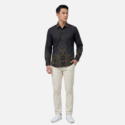 Odza Kemeja Batik Pria Slim Fit Lengan Panjang Katun Premium Baju Kerja Kondangan Wistara Hitam