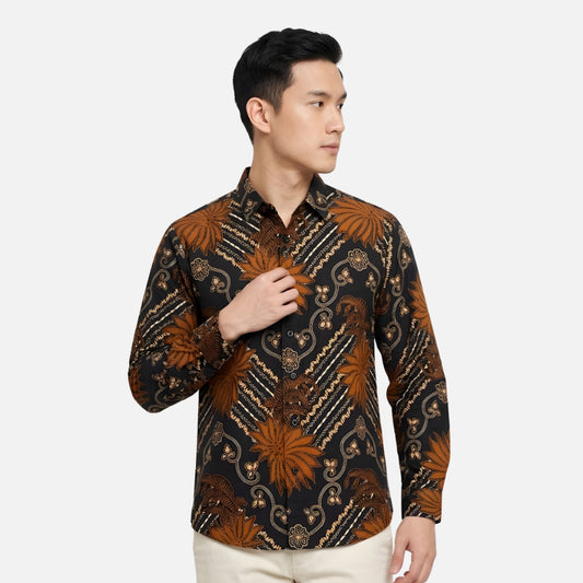 Odza Kemeja Batik Pria Lengan Panjang Batik Modern Slim Fit Solo Hitam Doadera