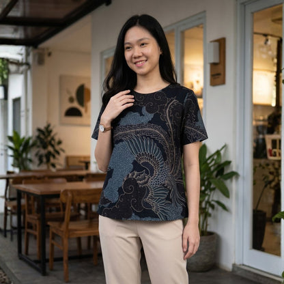 Odza Blouse Batik Wanita Lengan Pendek Atasan Kemeja Kerja Kondangan Modern Katun Premium Crezia Hijau Hitam