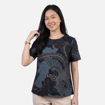 Odza Blouse Batik Wanita Lengan Pendek Atasan Kemeja Kerja Kondangan Modern Katun Premium Crezia Hijau Hitam
