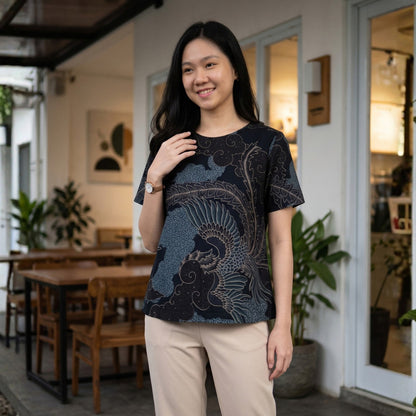 Odza Blouse Batik Wanita Lengan Pendek Atasan Kemeja Kerja Kondangan Modern Katun Premium Crezia Hijau Hitam