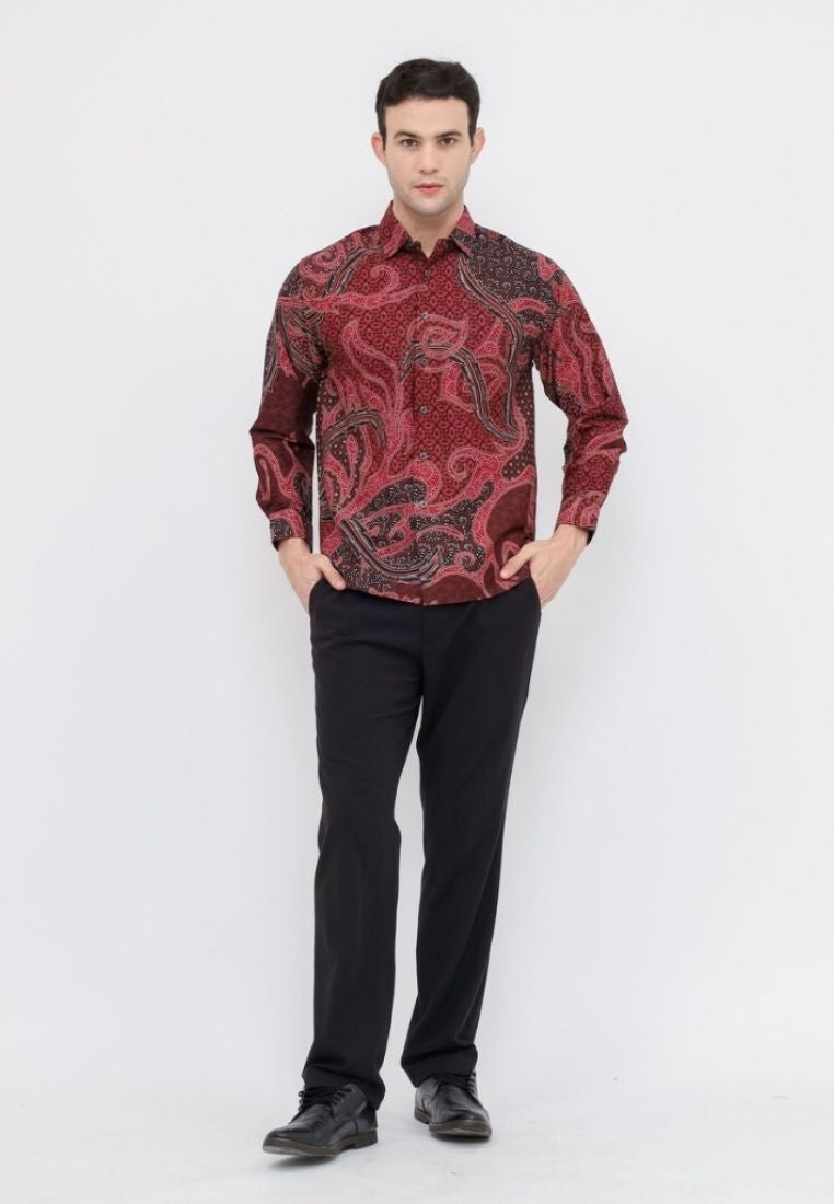 Odza Batik REGULAR FIT Kemeja Pria Lengan Panjang kombinasi Maroon