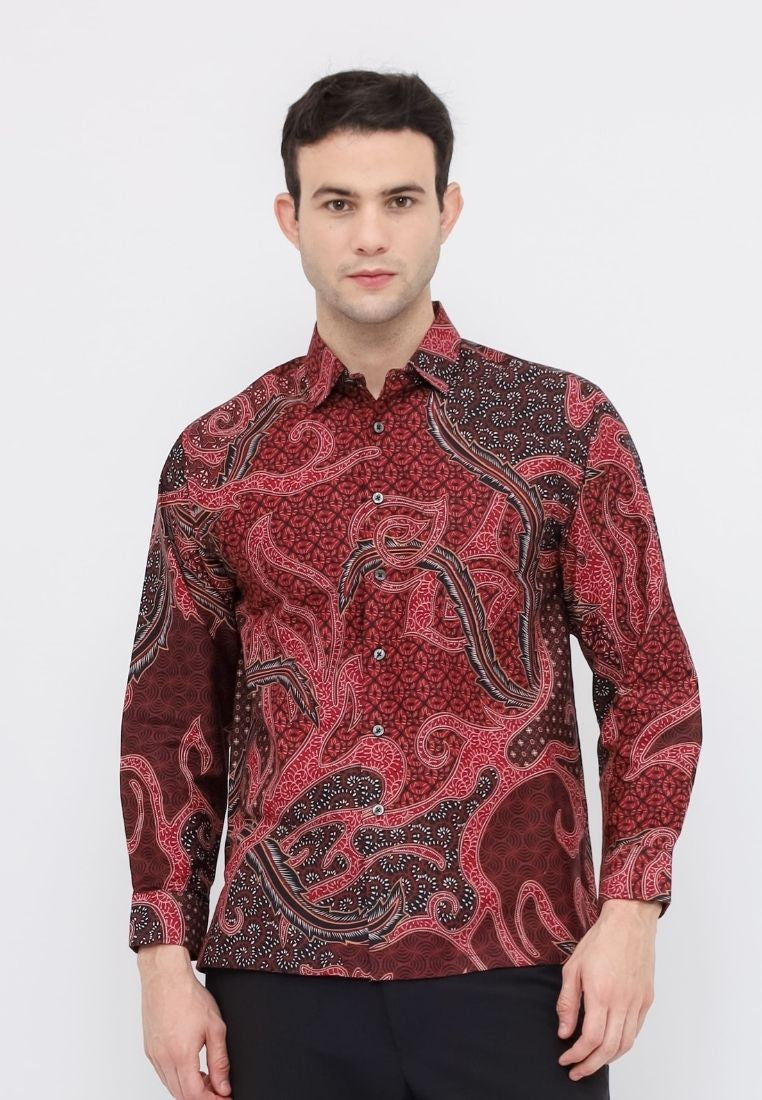 Odza Batik REGULAR FIT Kemeja Pria Lengan Panjang kombinasi Maroon