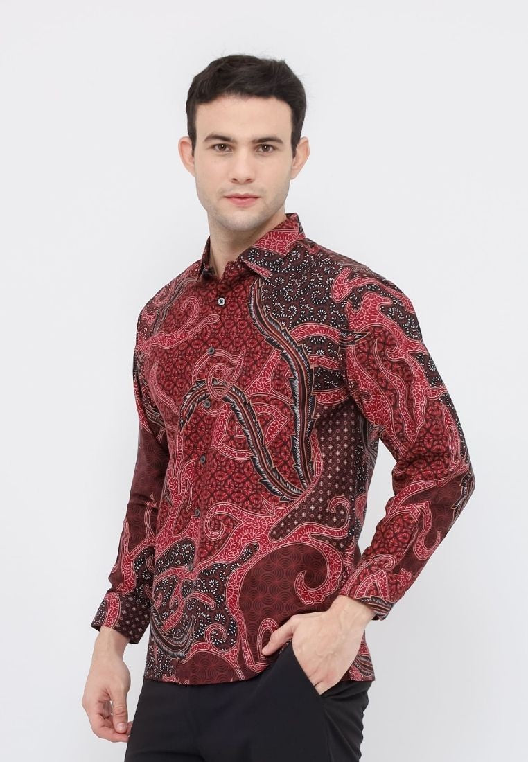 Odza Batik REGULAR FIT Kemeja Pria Lengan Panjang kombinasi Maroon